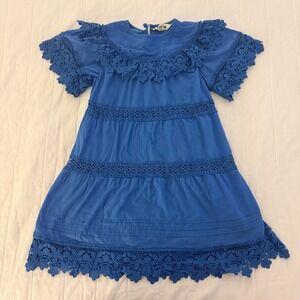 Mini Boden Girls 7-8 Dress Cabana Blue Lace Tiered Summer Sun Scallop Cotton‎